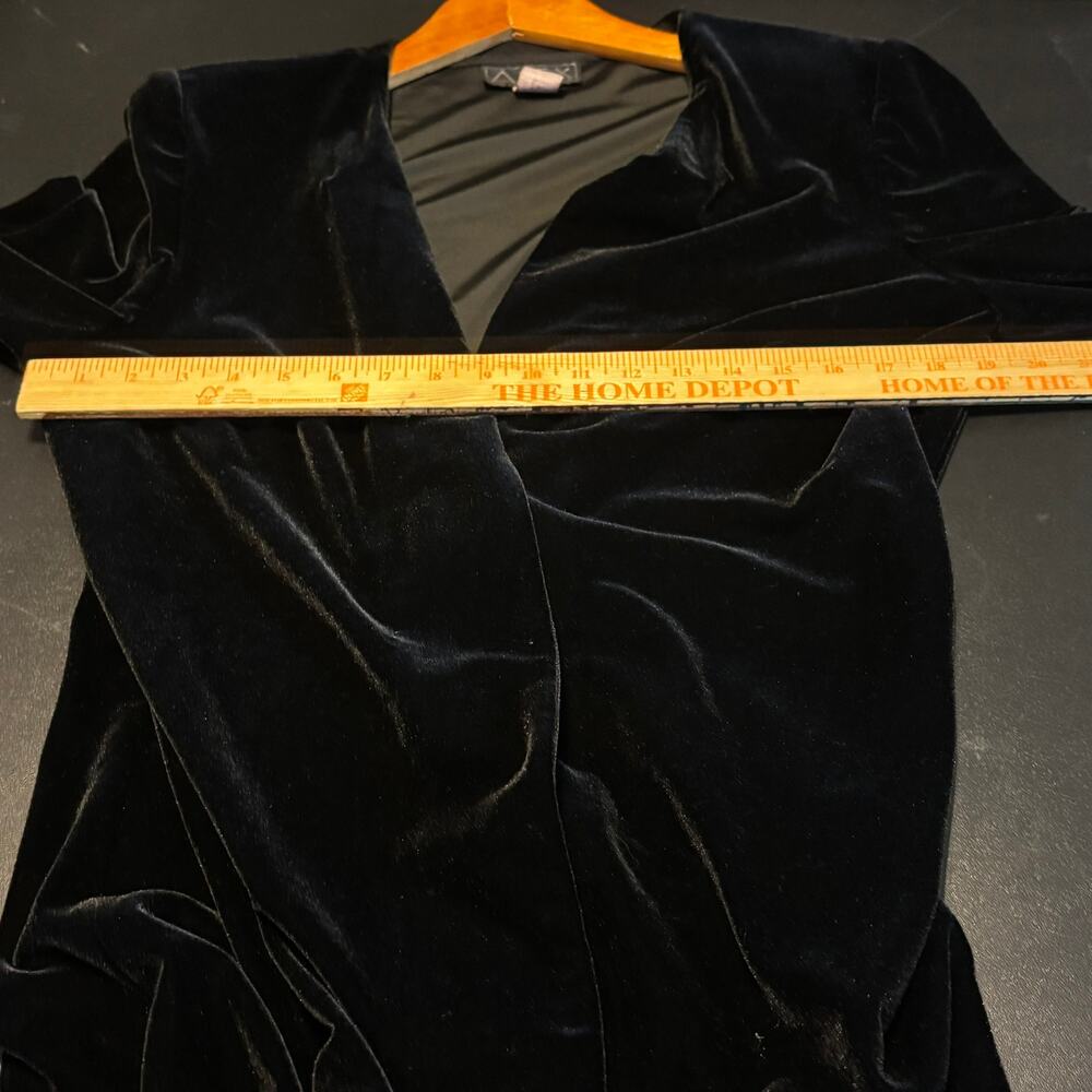 Vtg Alex Evenings Womens Velour Open Front Cardigan Size L Black Shoulder Pads - Picture 6 of 6